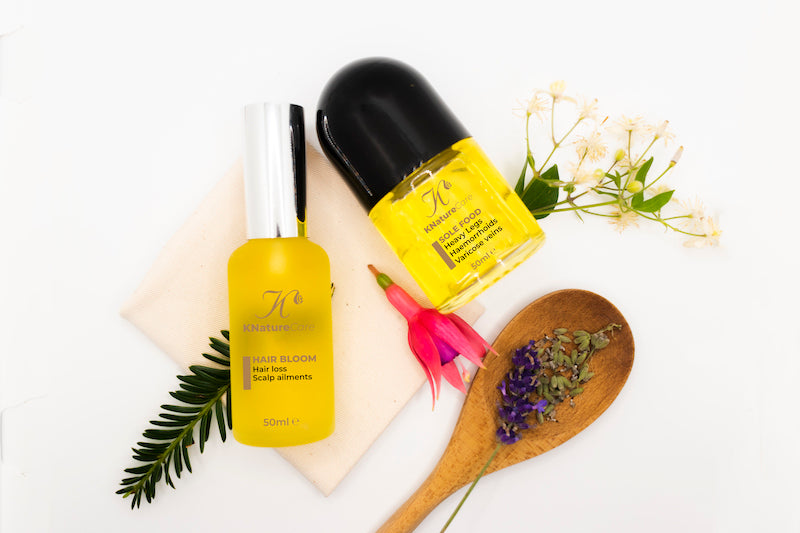 Hair Bloom and Sole Food bottles with rosemary, lavender and wildflowers