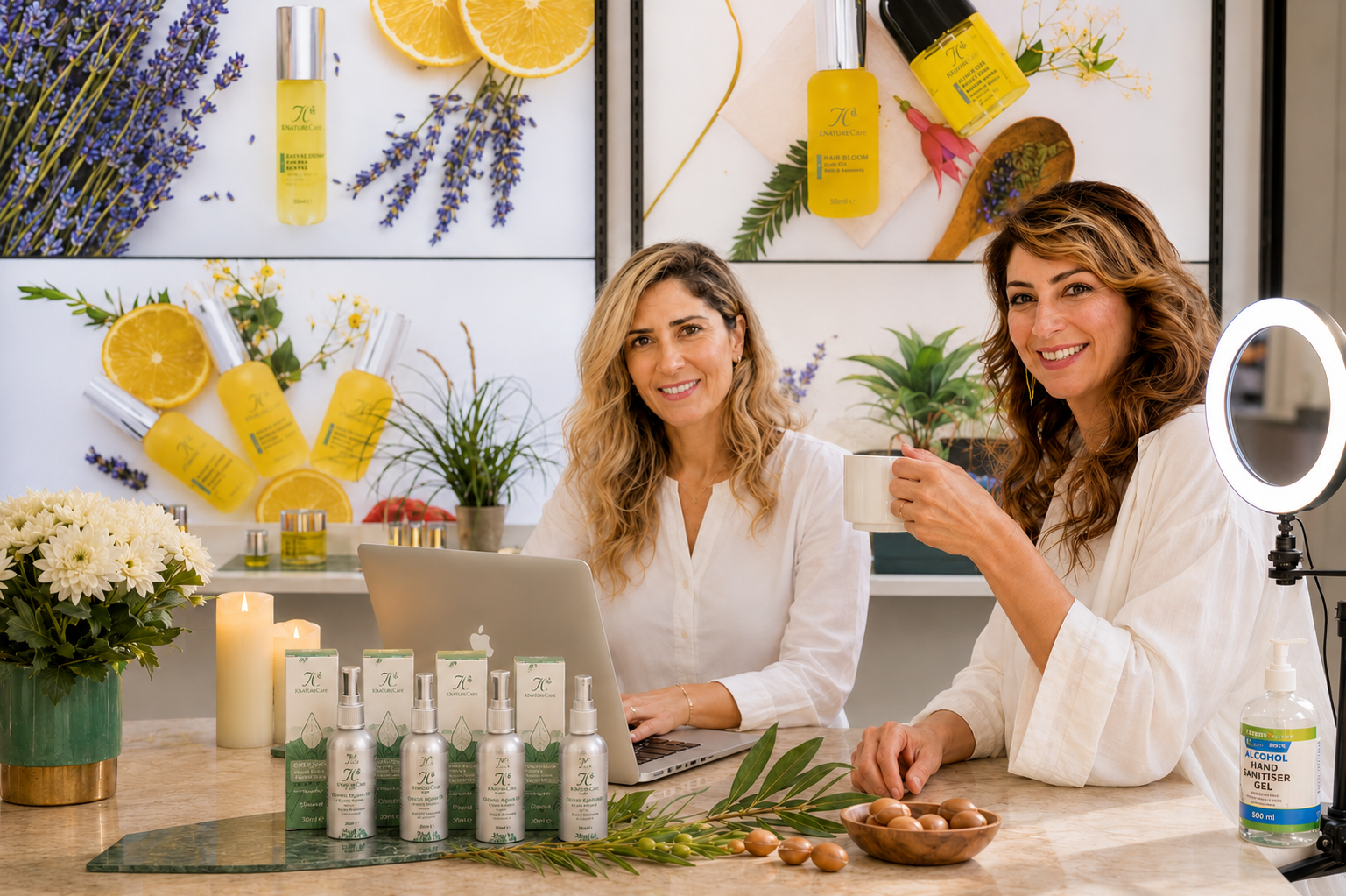 KNatureCare founders smiling behind a styled display of skincare bottles, candles and fresh botanicals