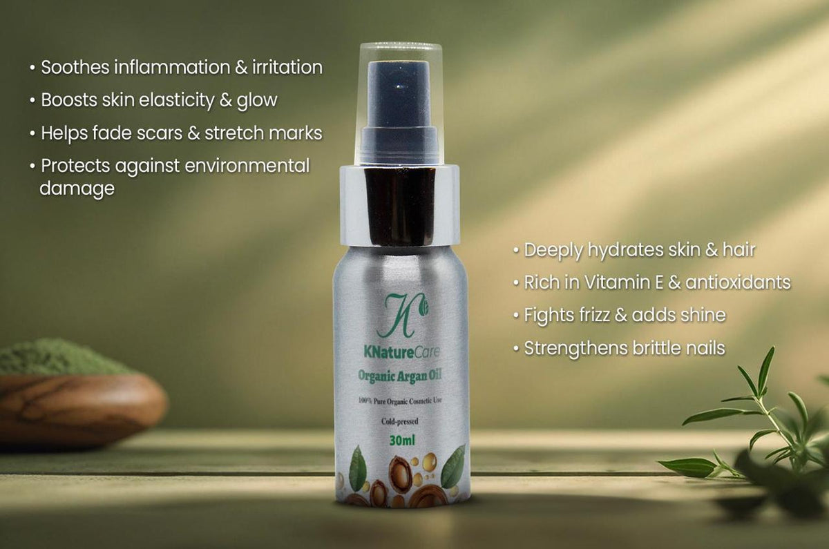 Argan oil bottle displayed with a list of skin and hair benefit claims on a green background