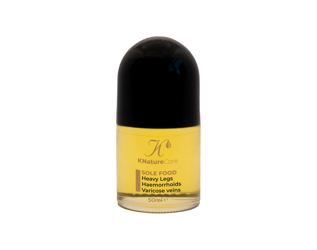 Sole Food massage oil roll-on bottle on a white background