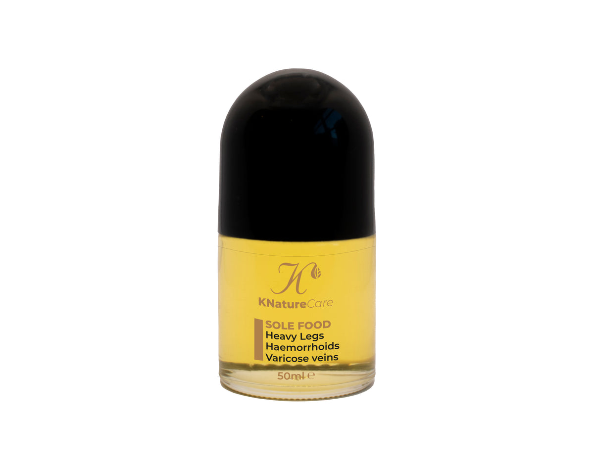 Sole Food massage oil roll-on bottle on a white background