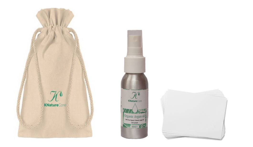 Organic Moroccan Argan oil with compostable facecloths and cotton bag set